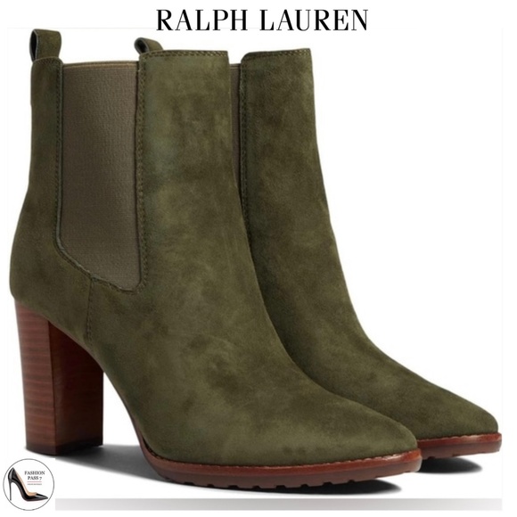 Ralph Lauren Mylah Bootie Olive Green Suede Leather Pull-On Chelsea Heeled Boots - Picture 1 of 13